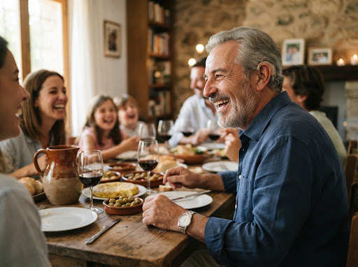 Abuelo sonriente disfrutando de una comida familiar con audífono discreto